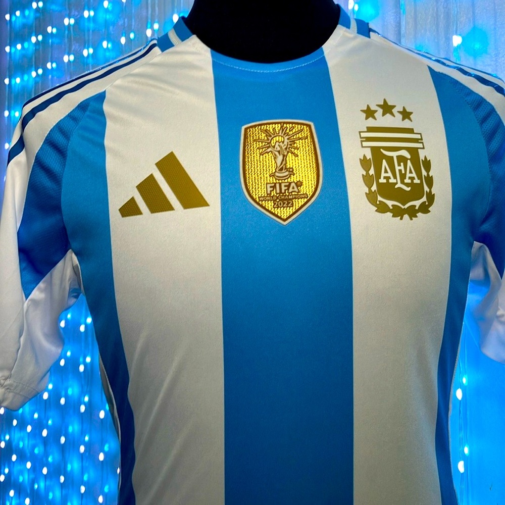 Blue and White Striped Soccer Jersey